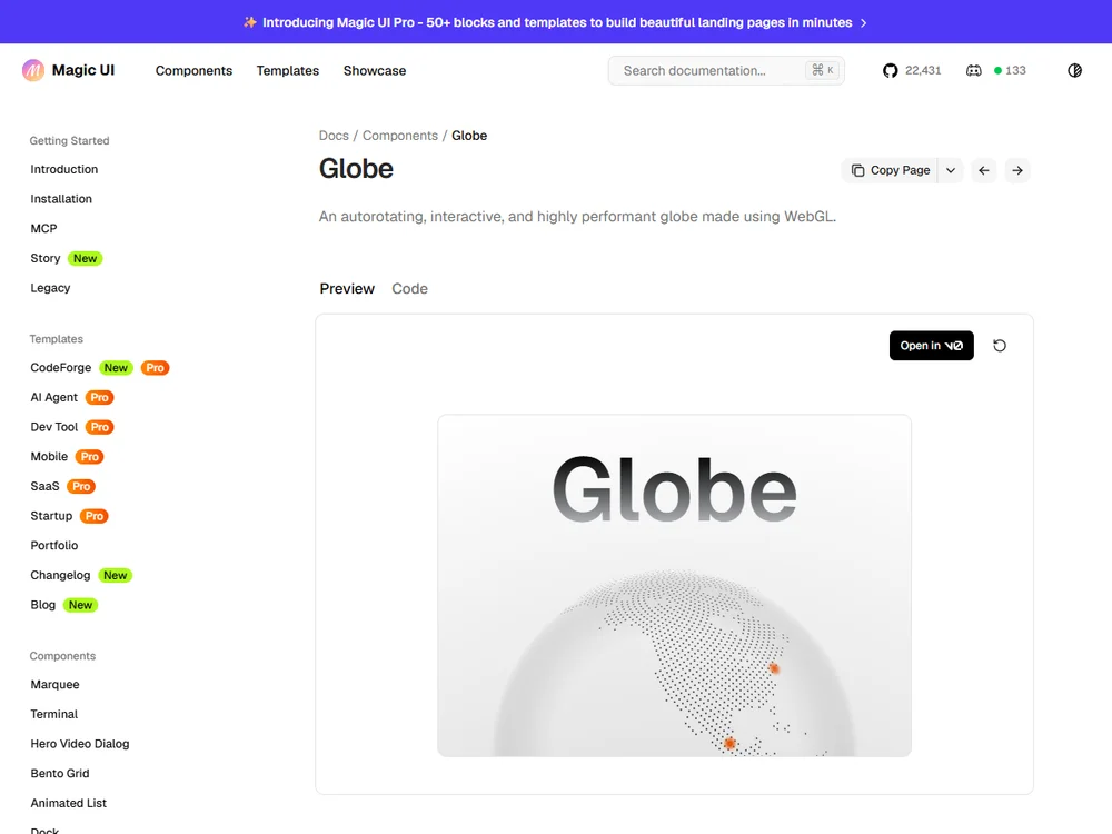 Globe · 交互地球：原站页面截图
